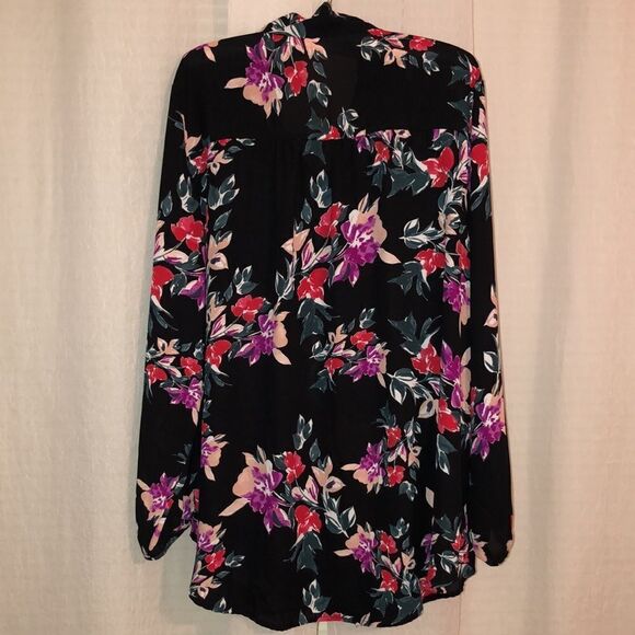 EVRI 2X Black Fuchsia Pink Green Wt Floral Neck Tie Long Sleeve Pullover Blouse - Picture 4 of 14